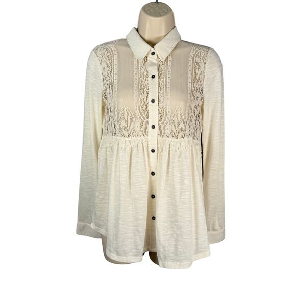 Grayson Top Medium Off-white Slub Knit Sheer Lace Trim Babydoll Long Sleeve - Picture 1 of 16